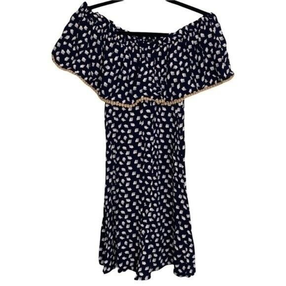 THML Navy Blue Feather Print Off the Shoulder Dress Small - Picture 1 of 9